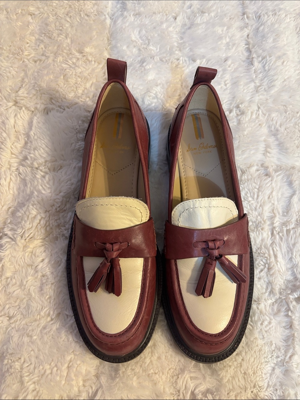 Two-Tone Tassel Loafers in Burgundy and Cream - Women